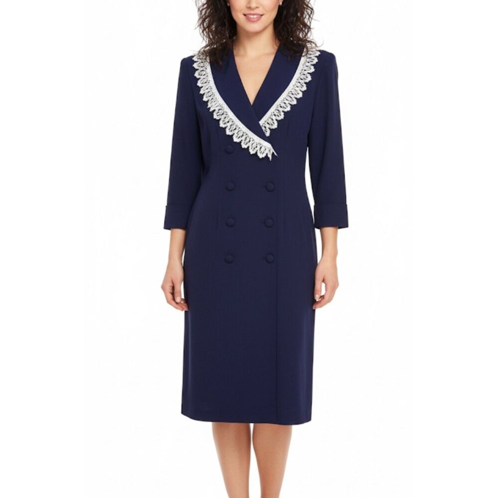 VTG 80s Paris Sport Club Navy Blue White Lace Collar Midi Suit Dress Size M